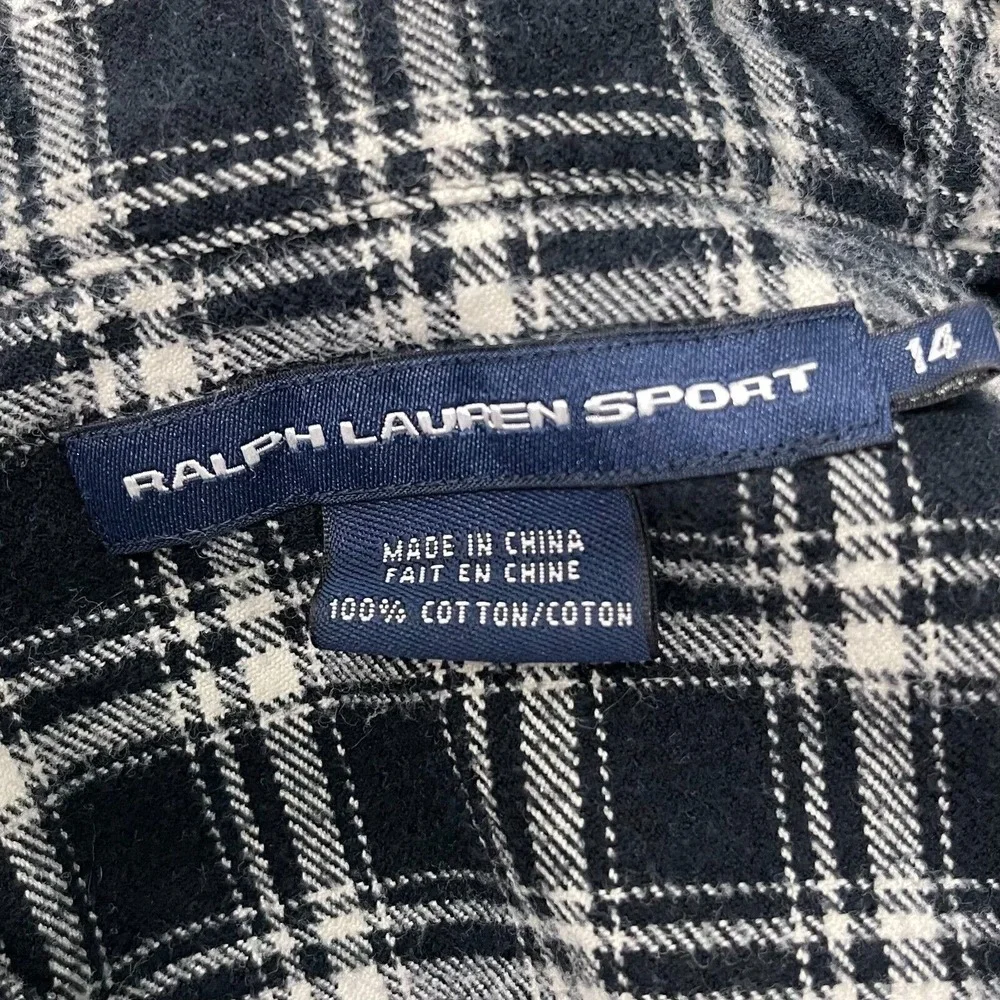 Ralph Lauren Sport Shirt Youth 14 Blue Plaid Flannel Diamond Pearl Snap Western